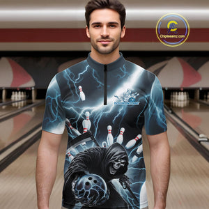 Custom Blue Thunder Lightning Grim Reaper Bowling Men Quarter-Zip Shirt, Halloween Bowling Outfit IPHW9797