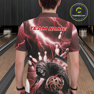 Custom Red Thunder Lightning Grim Reaper Bowling Men Polo Shirt, Halloween Bowling Outfit IPHW9798