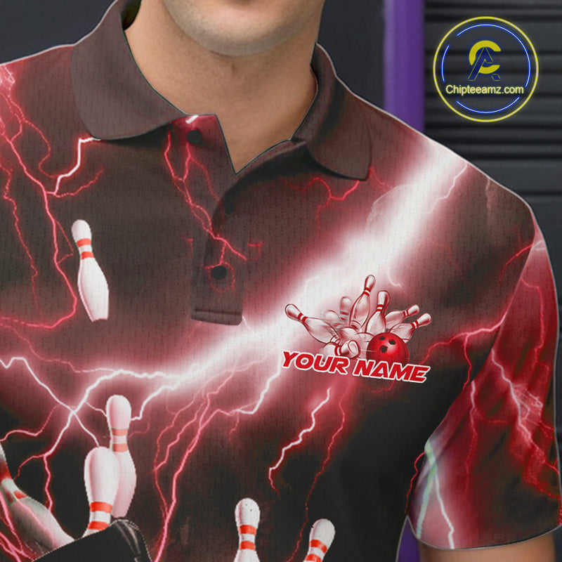 Custom Red Thunder Lightning Grim Reaper Bowling Men Polo Shirt, Halloween Bowling Outfit IPHW9798