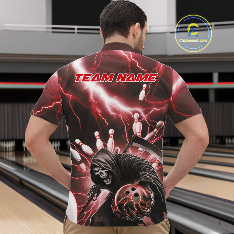 Custom Red Thunder Lightning Grim Reaper Bowling Men Quarter-Zip Shirt, Halloween Bowling Outfit IPHW9798