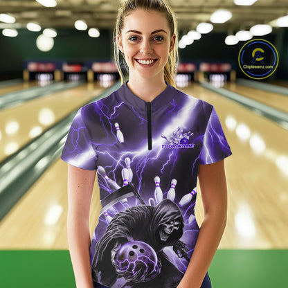 Custom Purple Lightning Grim Reaper Bowling Women Quarter-Zip Shirt, Halloween Outfit IPHW9799