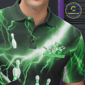 Custom Green Thunder Lightning Grim Reaper Bowling Men Polo Shirt, Halloween Bowling Outfit IPHW9800