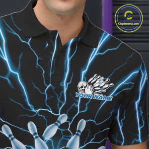Custom Black And Blue Lightning Grim Reaper Bowling Men Polo Shirt, Halloween Outfit IPHW9804