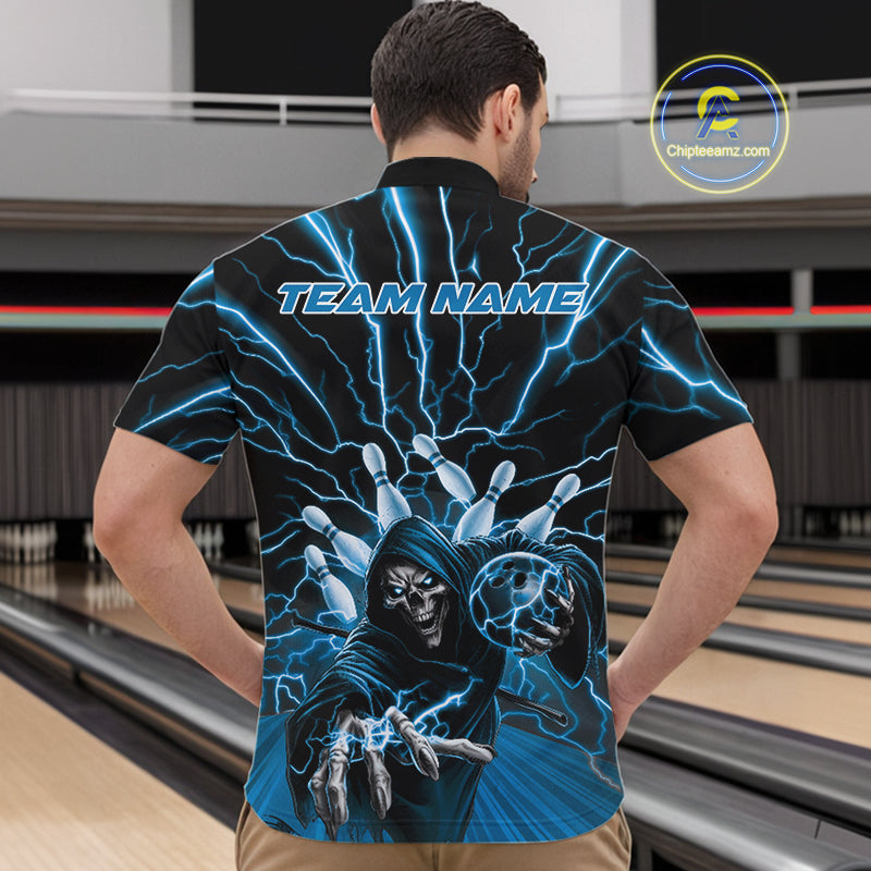 Custom Black And Blue Lightning Grim Reaper Bowling Men Quarter-Zip Shirt, Halloween Outfit IPHW9804