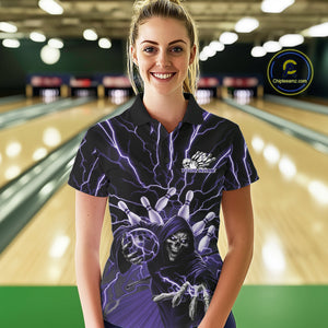 Custom Black And Purple Lightning Grim Reaper Bowling Women Polo Shirt, Halloween Outfit IPHW9805