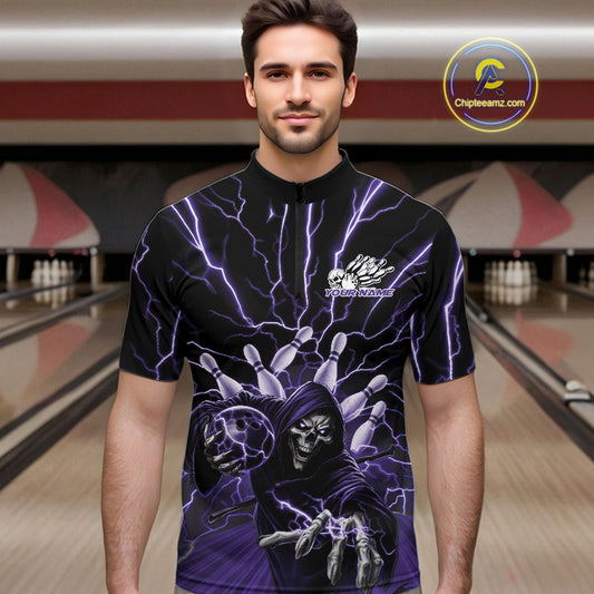 Custom Black And Purple Lightning Grim Reaper Bowling Men Quarter-Zip Shirt, Halloween Outfit IPHW9805