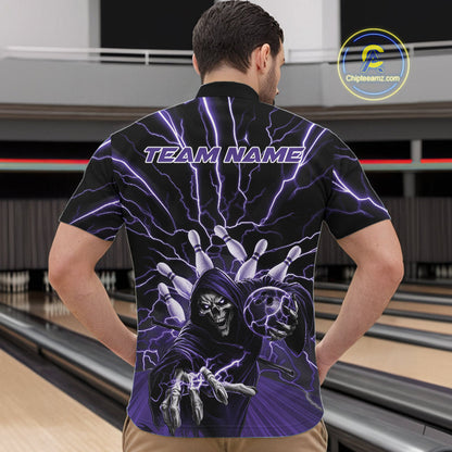 Custom Black And Purple Lightning Grim Reaper Bowling Men Quarter-Zip Shirt, Halloween Outfit IPHW9805