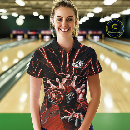 Custom Black And Red Lightning Grim Reaper Bowling Women Polo Shirt, Halloween Outfit IPHW9806