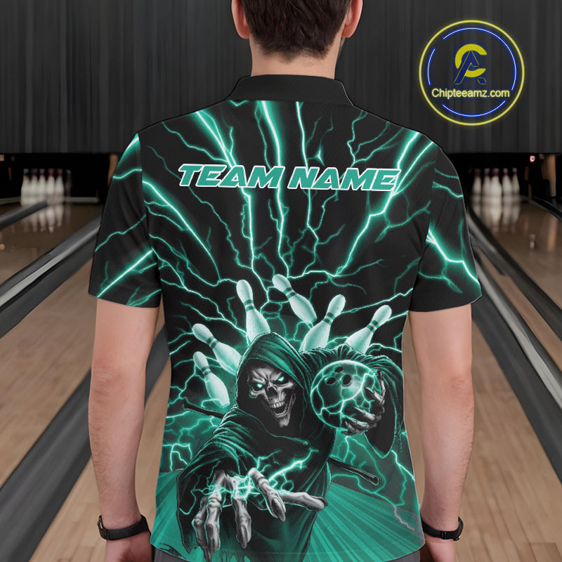Custom Black And Green Lightning Grim Reaper Bowling Men Polo Shirt, Halloween Outfit IPHW9807
