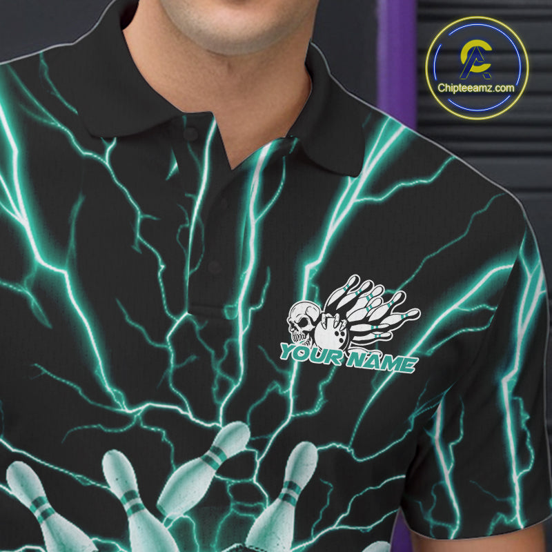 Custom Black And Green Lightning Grim Reaper Bowling Men Polo Shirt, Halloween Outfit IPHW9807