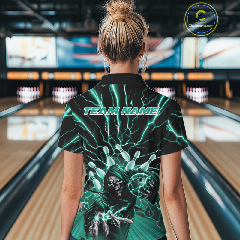 Custom Black And Green Lightning Grim Reaper Bowling Women Polo Shirt, Halloween Outfit IPHW9807