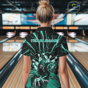 Custom Black And Green Lightning Grim Reaper Bowling Women Polo Shirt, Halloween Outfit IPHW9807