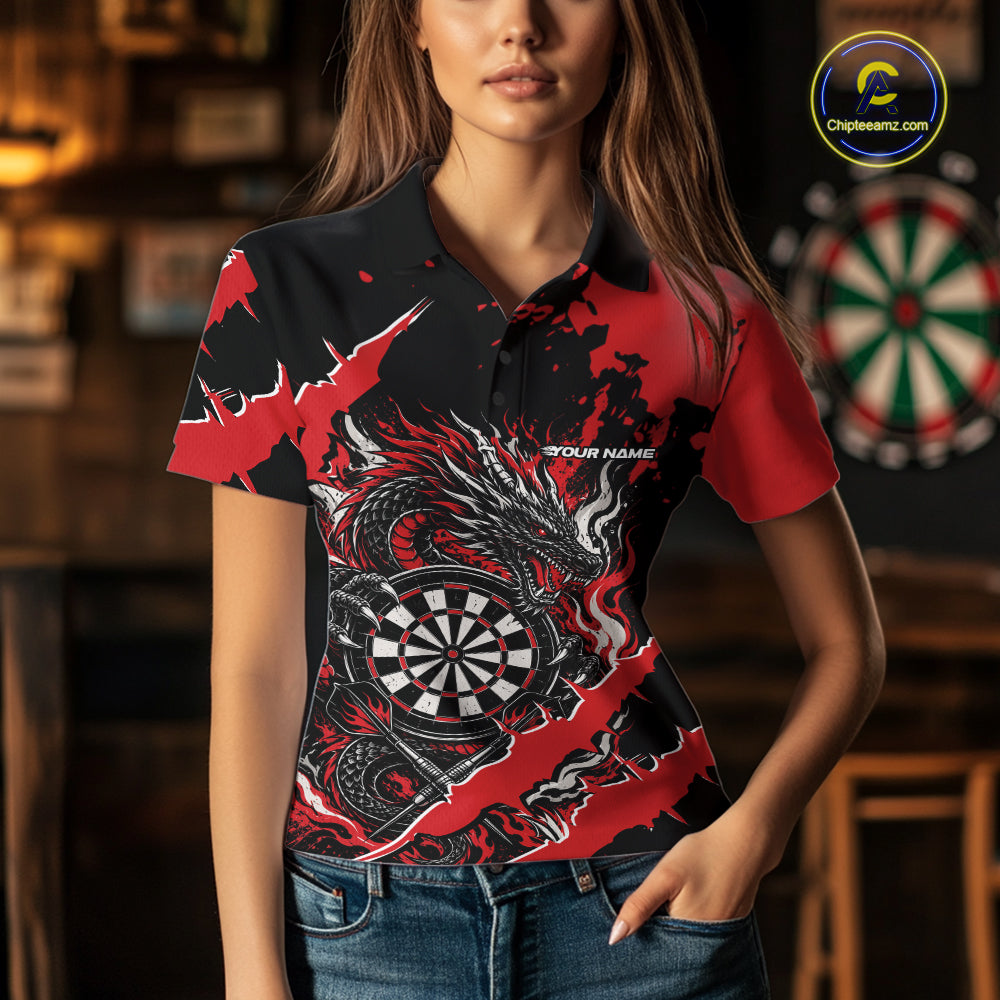 Custom Black And Red Splatter Dragon Claw Marks Dart Women Polo Shirt, Dart Jersey IPHW12100