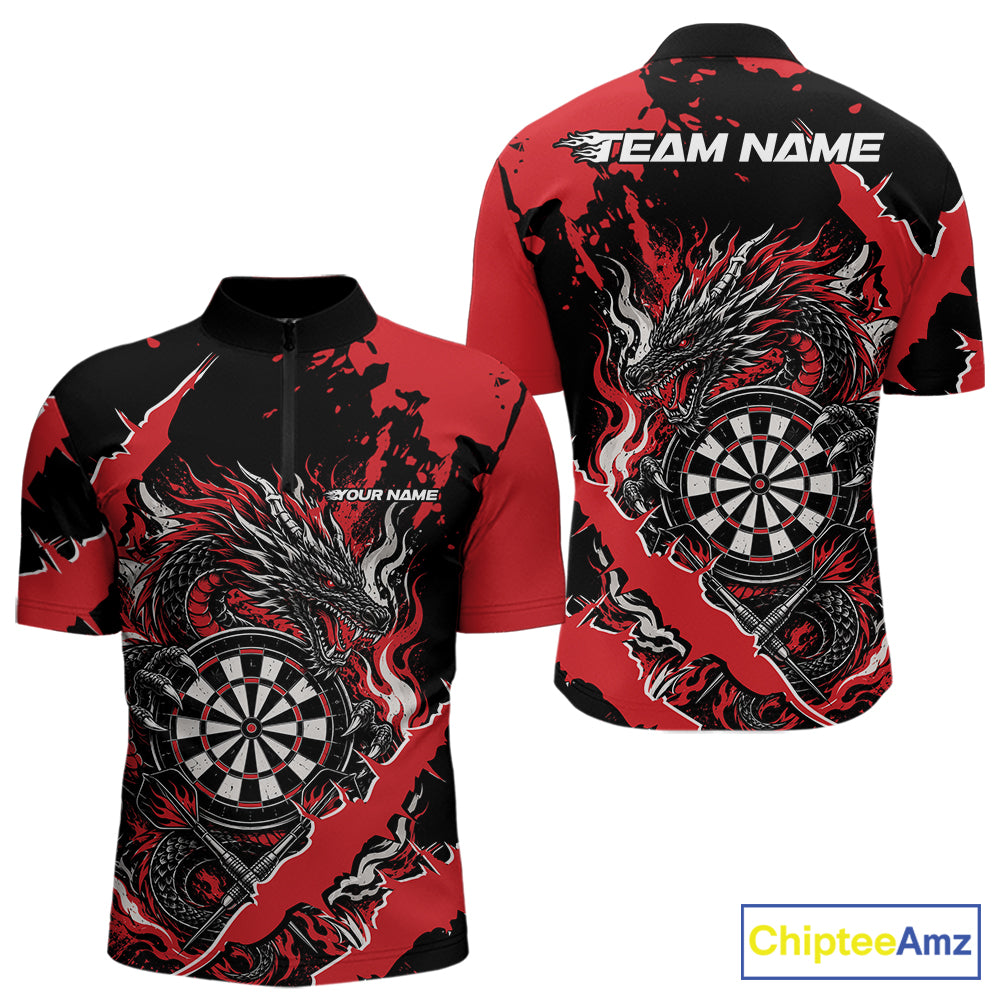 Custom Black And Red Splatter Dragon Claw Marks Dart Men Quarter Zip Shirt, Dart Jersey IPHW12100