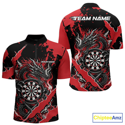 Custom Black And Red Splatter Dragon Claw Marks Dart Men Quarter Zip Shirt, Dart Jersey IPHW12100