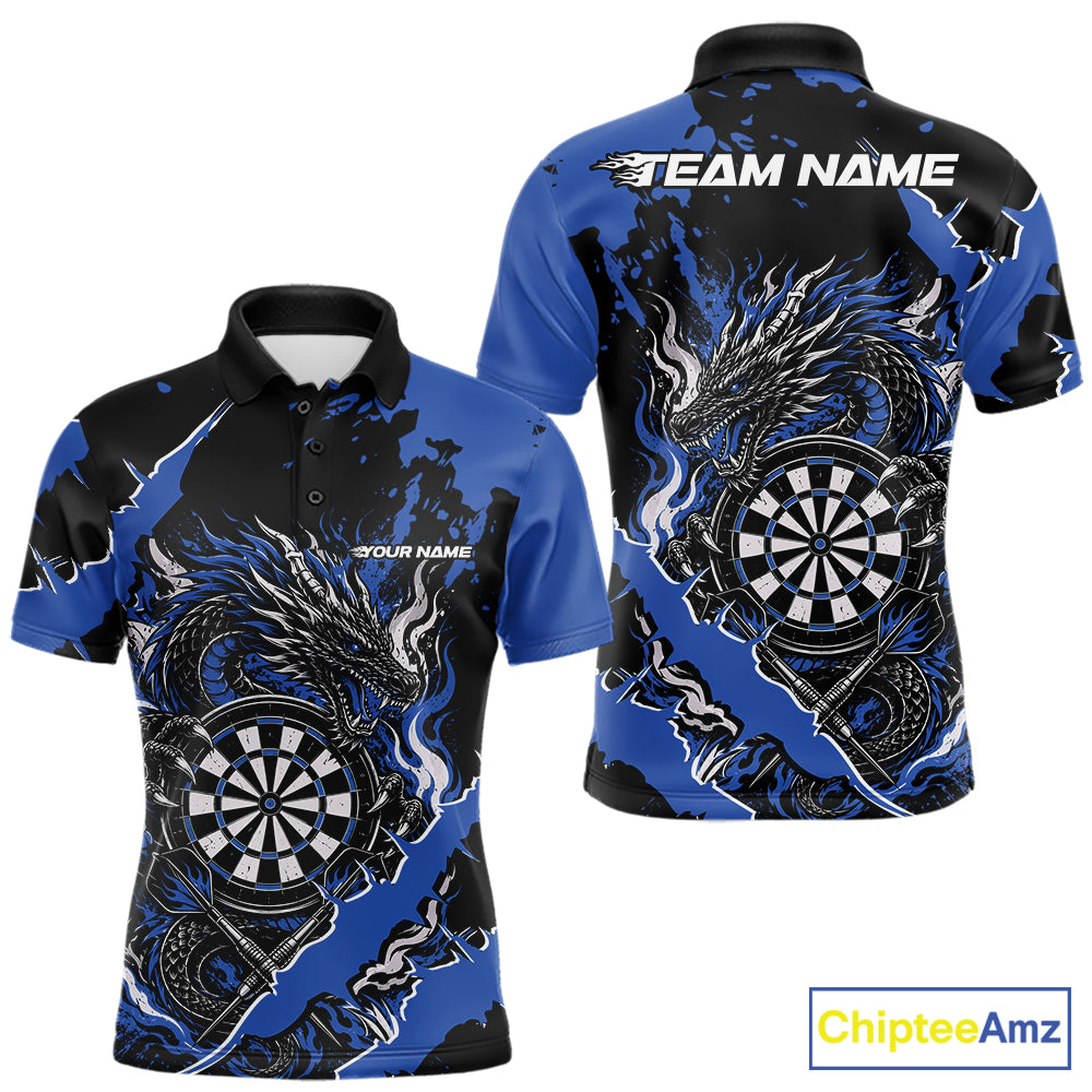 Custom Black And Blue Splatter Dragon Claw Marks Dart Men Polo Shirt, Dart Jersey IPHW12101