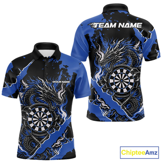 Custom Black And Blue Splatter Dragon Claw Marks Dart Men Polo Shirt, Dart Jersey IPHW12101