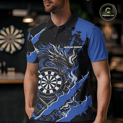 Custom Black And Blue Splatter Dragon Claw Marks Dart Men Polo Shirt, Dart Jersey IPHW12101