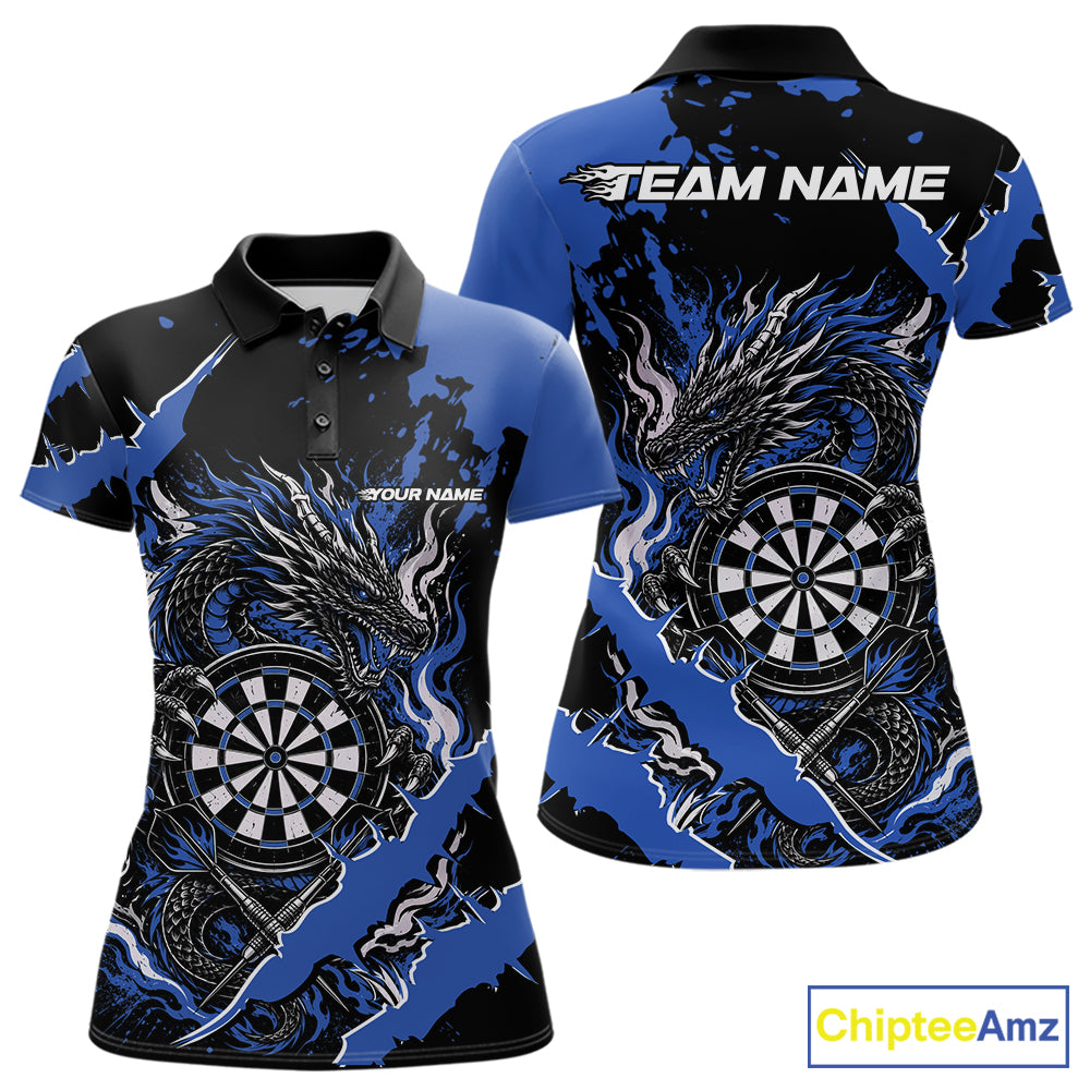 Custom Black And Blue Splatter Dragon Claw Marks Dart Women Polo Shirt, Dart Jersey IPHW12101