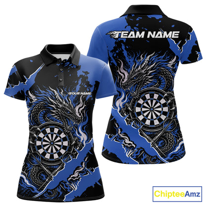 Custom Black And Blue Splatter Dragon Claw Marks Dart Women Polo Shirt, Dart Jersey IPHW12101