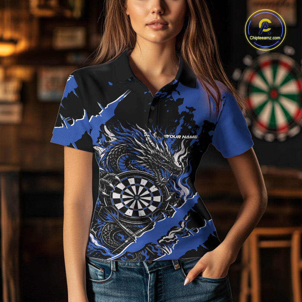 Custom Black And Blue Splatter Dragon Claw Marks Dart Women Polo Shirt, Dart Jersey IPHW12101
