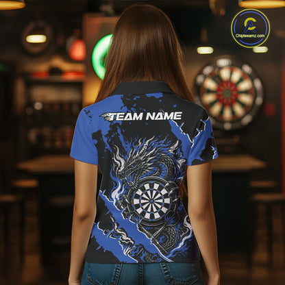Custom Black And Blue Splatter Dragon Claw Marks Dart Women Polo Shirt, Dart Jersey IPHW12101