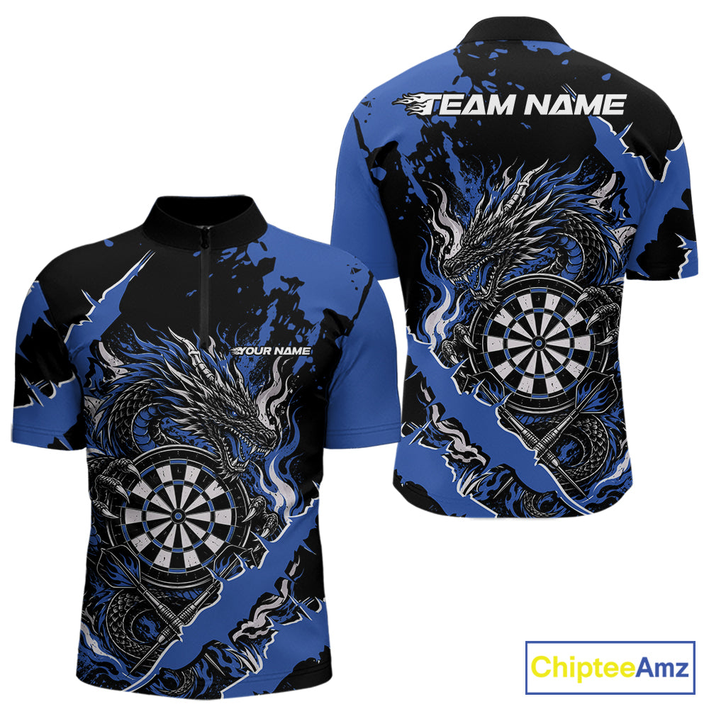 Custom Black And Blue Splatter Dragon Claw Marks Dart Men Quarter Zip Shirt, Dart Jersey IPHW12101