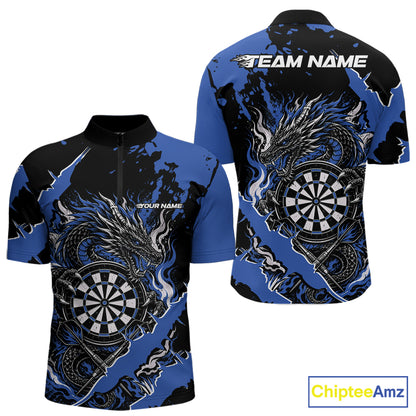 Custom Black And Blue Splatter Dragon Claw Marks Dart Men Quarter Zip Shirt, Dart Jersey IPHW12101