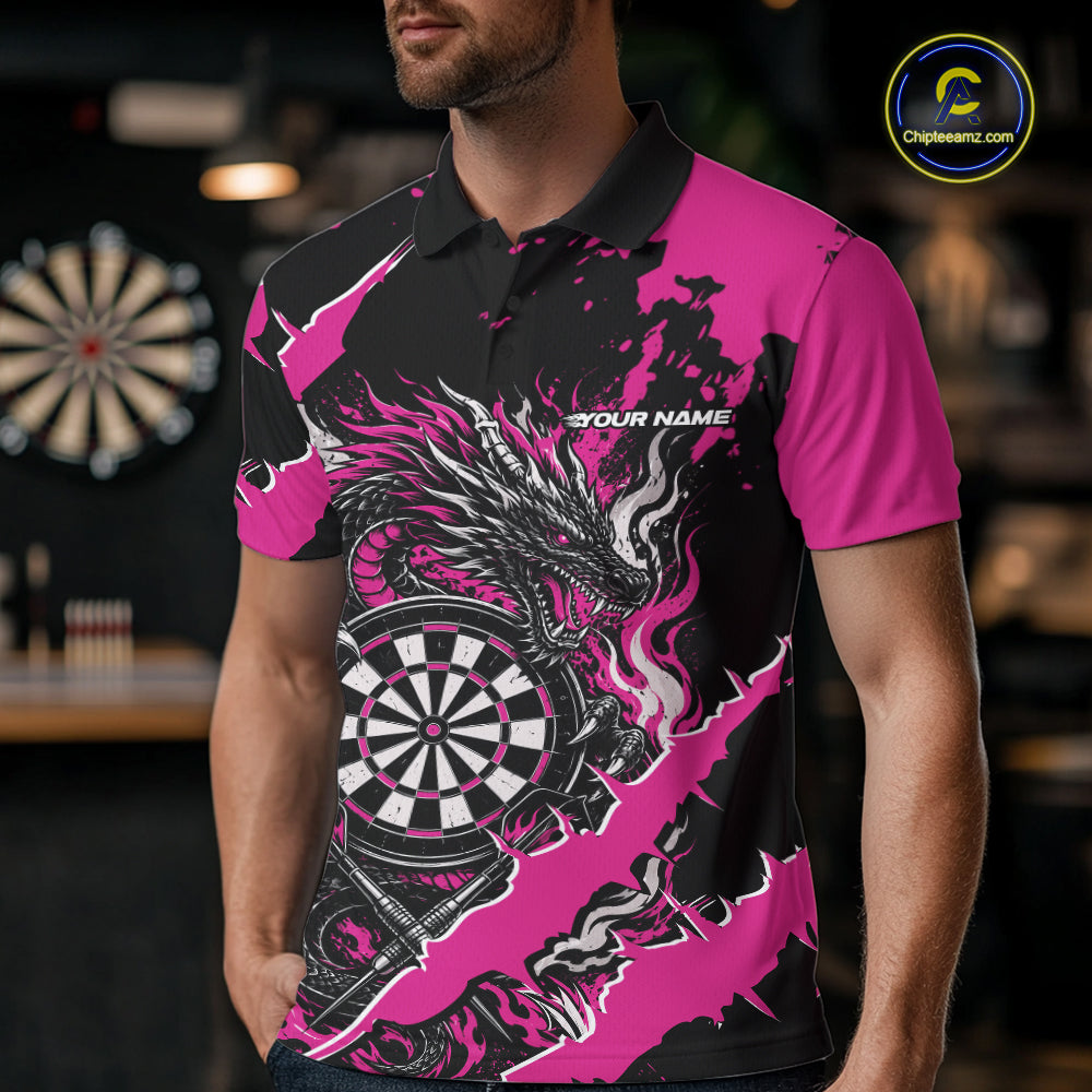 Custom Black And Pink Splatter Dragon Claw Marks Dart Men Polo Shirt, Dart Jersey IPHW12102