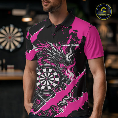 Custom Black And Pink Splatter Dragon Claw Marks Dart Men Polo Shirt, Dart Jersey IPHW12102
