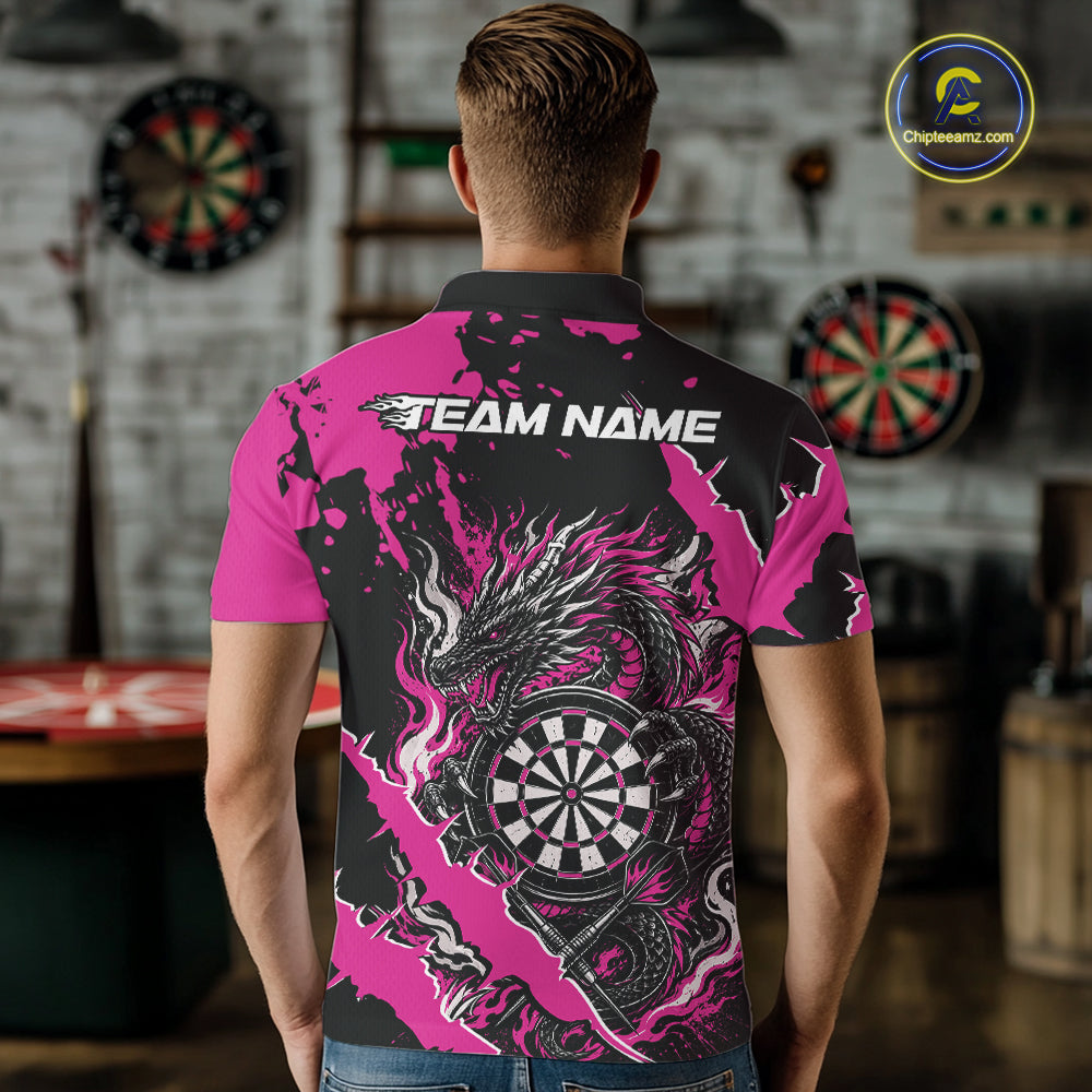 Custom Black And Pink Splatter Dragon Claw Marks Dart Men Polo Shirt, Dart Jersey IPHW12102