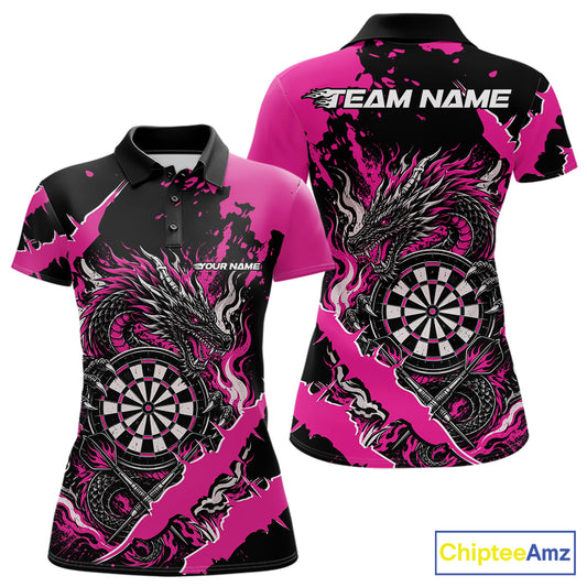 Custom Black And Pink Splatter Dragon Claw Marks Dart Women Polo Shirt, Dart Jersey IPHW12102