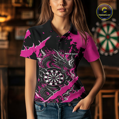 Custom Black And Pink Splatter Dragon Claw Marks Dart Women Polo Shirt, Dart Jersey IPHW12102