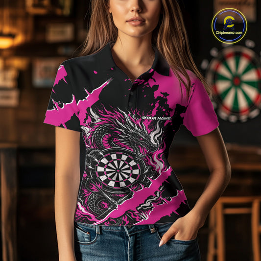 Custom Black And Pink Splatter Dragon Claw Marks Dart Women Polo Shirt, Dart Jersey IPHW12102