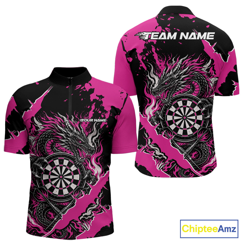 Custom Black And Pink Splatter Dragon Claw Marks Dart Men Quarter Zip Shirt, Dart Jersey IPHW12102