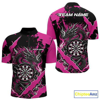 Custom Black And Pink Splatter Dragon Claw Marks Dart Men Quarter Zip Shirt, Dart Jersey IPHW12102