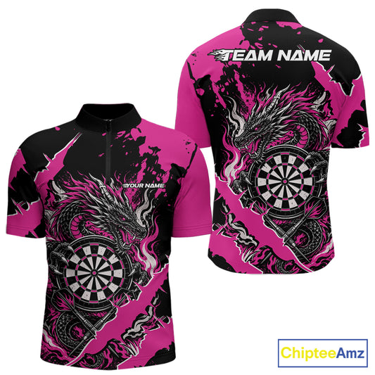 Custom Black And Pink Splatter Dragon Claw Marks Dart Men Quarter Zip Shirt, Dart Jersey IPHW12102