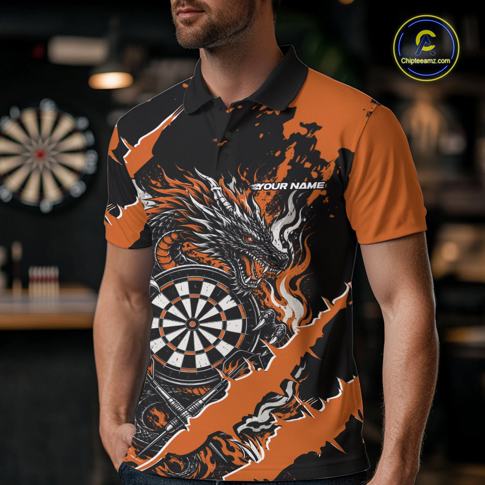 Custom Black And Orange Splatter Dragon Claw Marks Dart Men Polo Shirt, Dart Jersey IPHW12103