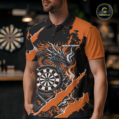 Custom Black And Orange Splatter Dragon Claw Marks Dart Men Polo Shirt, Dart Jersey IPHW12103