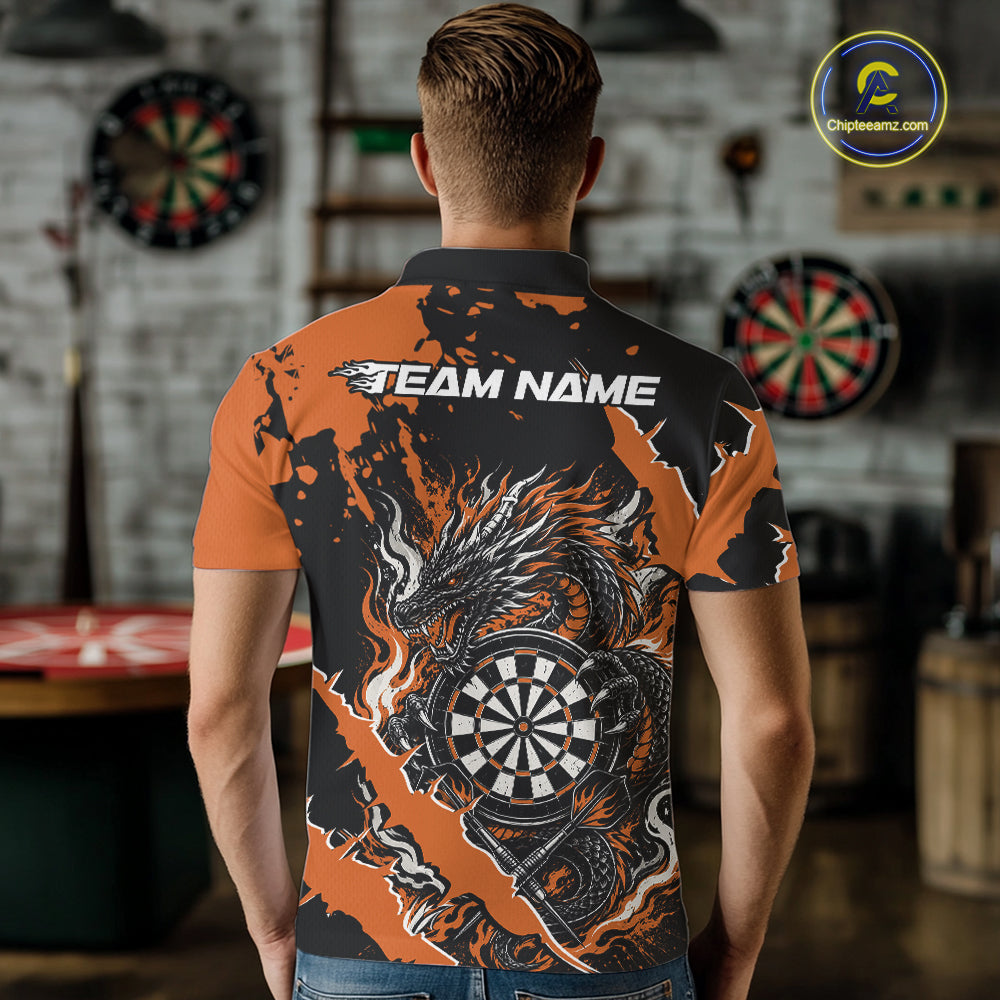 Custom Black And Orange Splatter Dragon Claw Marks Dart Men Polo Shirt, Dart Jersey IPHW12103