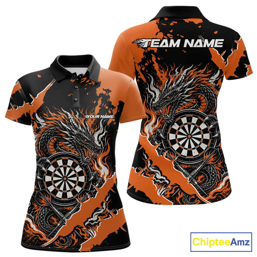 Custom Black And Orange Splatter Dragon Claw Marks Dart Women Polo Shirt, Dart Jersey IPHW12103