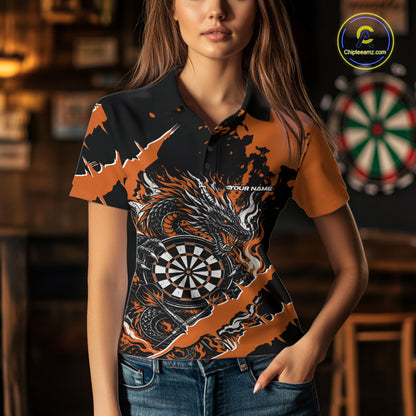 Custom Black And Orange Splatter Dragon Claw Marks Dart Women Polo Shirt, Dart Jersey IPHW12103