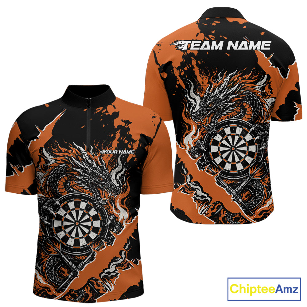 Custom Black And Orange Splatter Dragon Claw Marks Dart Men Quarter Zip Shirt, Dart Jersey IPHW12103