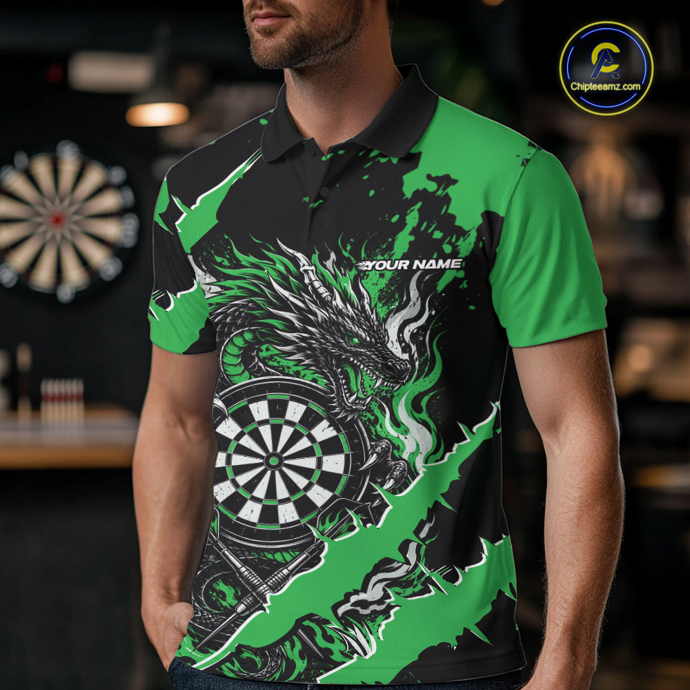 Custom Black And Green Splatter Dragon Claw Marks Dart Men Polo Shirt, Dart Jersey IPHW12104
