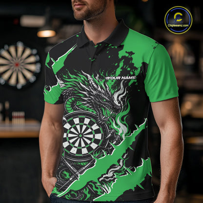 Custom Black And Green Splatter Dragon Claw Marks Dart Men Polo Shirt, Dart Jersey IPHW12104