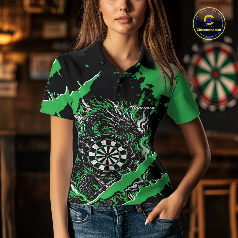 Custom Black And Green Splatter Dragon Claw Marks Dart Women Polo Shirt, Dart Jersey IPHW12104