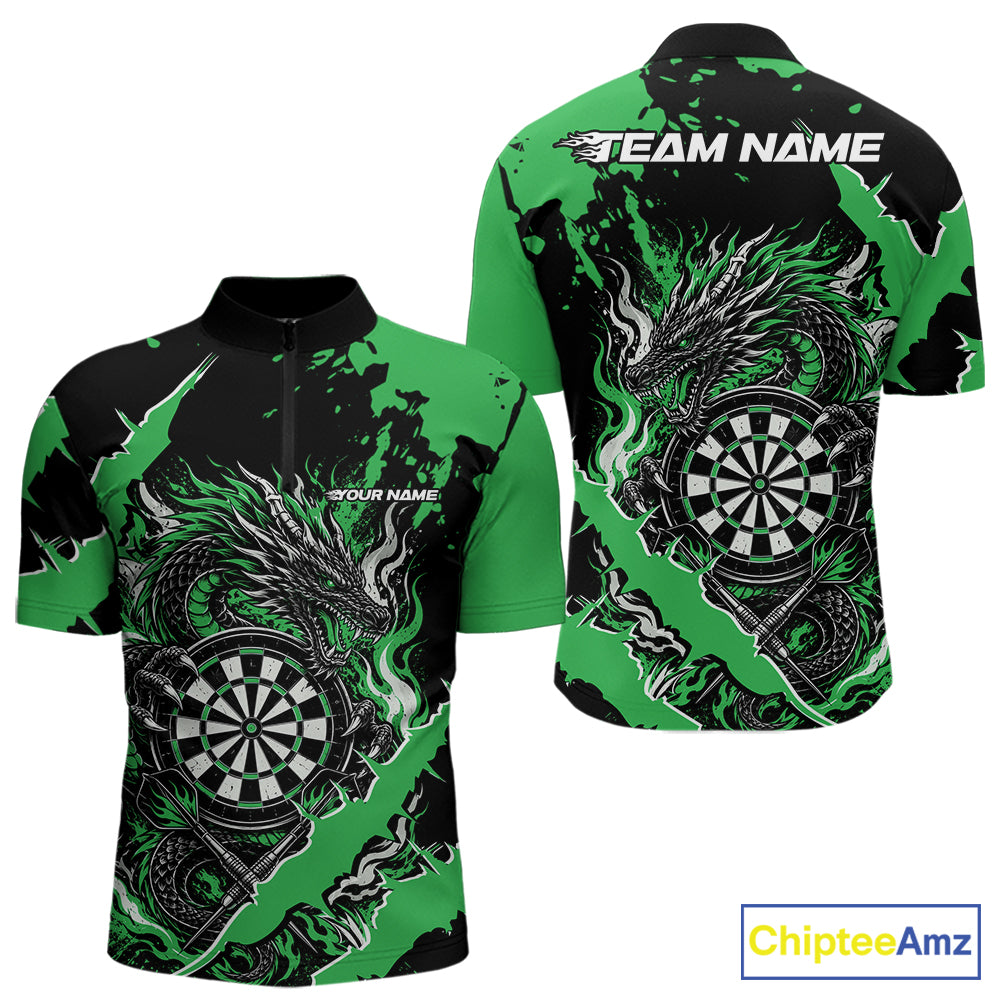Custom Black And Green Splatter Dragon Claw Marks Dart Men Quarter Zip Shirt, Dart Jersey IPHW12104