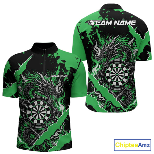 Custom Black And Green Splatter Dragon Claw Marks Dart Men Quarter Zip Shirt, Dart Jersey IPHW12104
