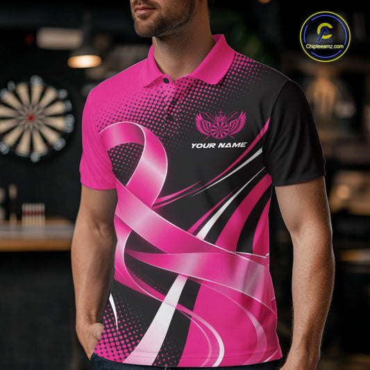 Custom Breast Cancer Awareness Pink Ribbon Dart Men Polo Shirt, Dart Team Jersey IPHW12105