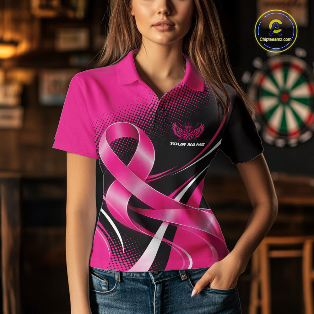 Custom Breast Cancer Awareness Pink Ribbon Dart Women Polo Shirt, Dart Team Jersey IPHW12105